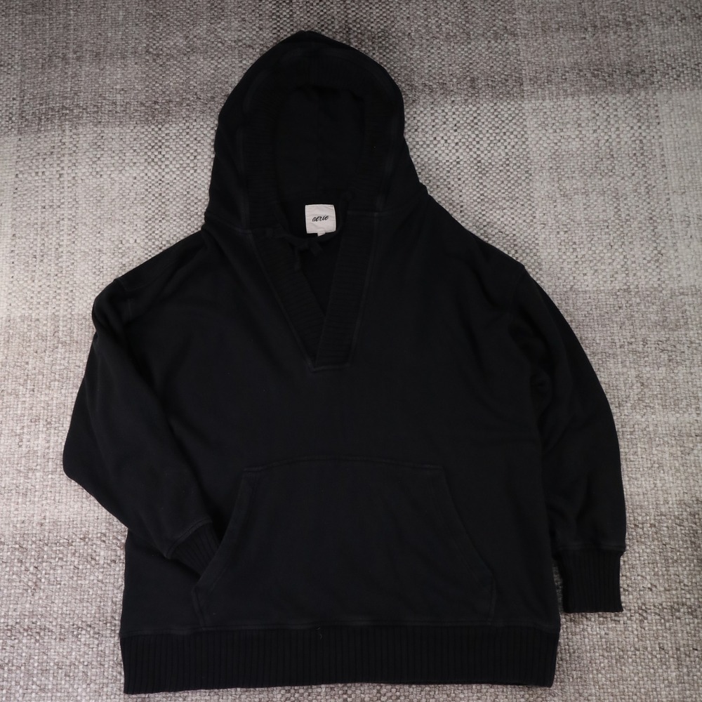 Aerie Black Deep V-Neck Ribbed Oversized Hoodie Sweatshirt Large